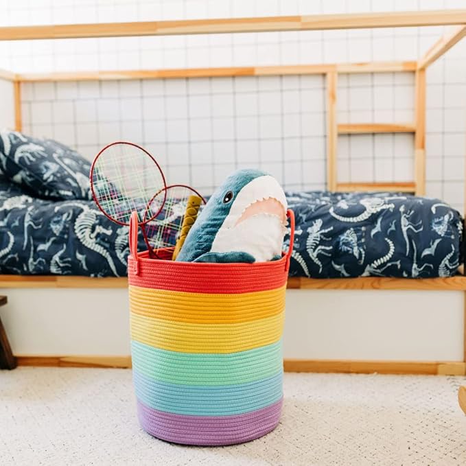 OrganiHaus Large Rainbow Woven Laundry Basket w/Handles 52L, Decorative Toy Storage Bin for Nursery, Colorful Blanket Basket for Playroom, Baby Laundry Hamper, Fun Kids Room Decor Organizer