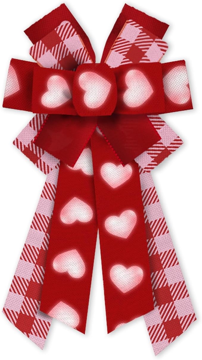 Large Valentine's Day Wreath Bows Valentines Pink Plaids Red Love Hearts Burlap Fabric Bows for Wreath Valentines Decor Ribbon Bows for Valentine's Day Party Wedding Indoor Outdoor Decoration Supplies
