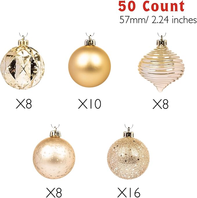 Every Day is Christmas Ornaments, Shatterproof Christmas Tree Ornament Set, Christmas Balls Decoration 50 Count (2.24"/57mm, New Gold)
