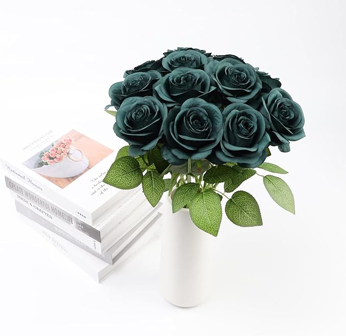 Artificial Rose Flower Artificial Flowers Flower with Long Stem Silk Roses Bouquet for Wedding Bridal Shower Party Home Decoration (Peacock Green, 50 Pcs)