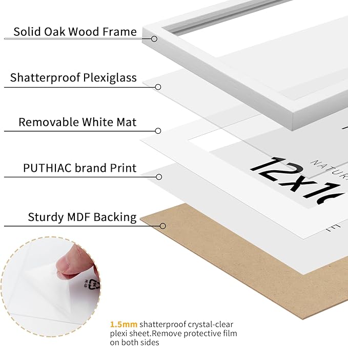 puthiac 12x16 White Oak Wood Picture Frame - Minimalist 12x16 Poster Frame, 12"x16" Picture Frame Wood, Natural Solid Wooden Picture Frames for Wall Art Photo and Prints (1 Pack, White)