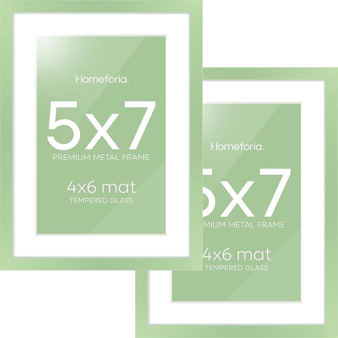 Homeforia 5x7 Picture Frame Sage Green, High End Metal 5 x 7 Frames with Mat 4 x 6 for Photo, 5by7 Desk Frame Matted to 4x6 inch Art, 5 by 7 Wall or Tabletop Frames, Tempered Glass, Wall Kit, Set of 2