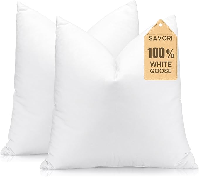 SAVORI Set of 2 Down and Feather Throw Pillow Inserts 24x24 Soft Fluffy Pillow Inserts with 100% Down-Proof Cotton Cover, Decorative Square Cushion Inner for Sofa Couch Bed-White