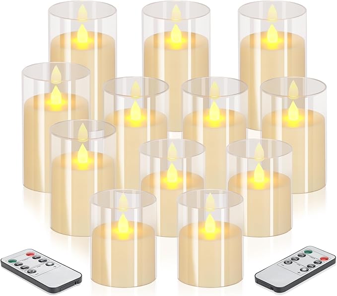 Flameless Candles 4" 5" 6" Set of 3 Acrylic Glass Pillars 3" Diameter Battery Operated Flickering Candles Include 10-Key Remote with Timer Function 400+ Hours (Pure White, Warm Light 12 Pack)