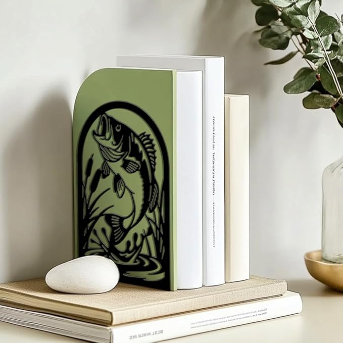 Peacoblue Metal Bookends for Shelves, Modern Decorative Heavy Duty Study Book Ends Stoppers for Office, Desk, Shelf, Room 5.3"x4.3"x7.9" Cast Iron Simple Tall Bookends 1 Pair (Fish)
