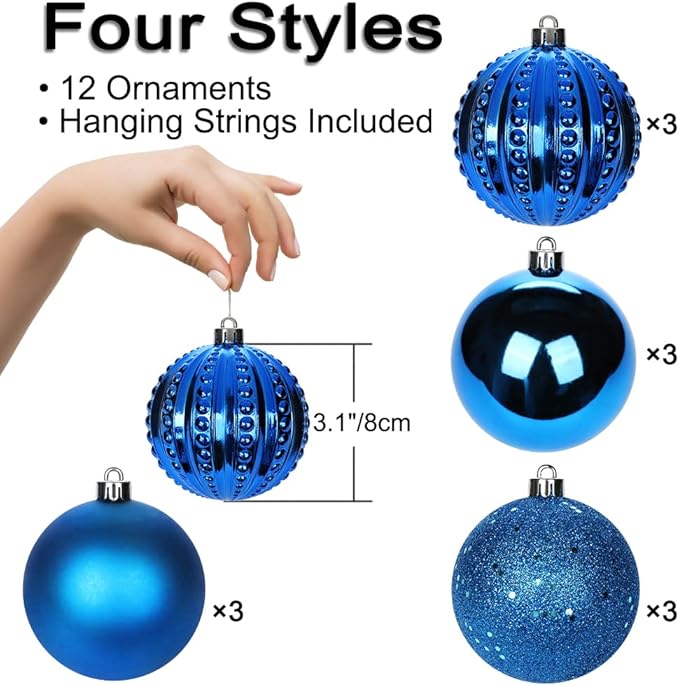 3.15" Navy Blue Christmas Ornaments 12 Pcs Shatterproof Christmas Ball Ornaments Set Large Blue Ornament for Xmas Tree Halloween Holiday Party