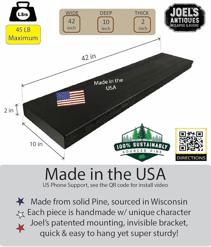 joelsantiques 42 Inch Wooden Elite Floating Shelves for Wall - 42x10x2 in - Made of Natural Wood - Long Heavy Duty Rustic Wall Shelves for Bedroom - Perfect for Living Room, Kitchen - Black