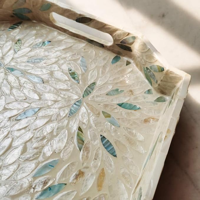 13 Inch Large Dodecagon Beige Green Mother of Pearl Severing Tray with Handle, Gorgeous Inlay Nacre Ottoman Tray with 2”Side, Lacquer Wooden Shell Decorative Tray for Coffee Table Home Decor, S, I-lan