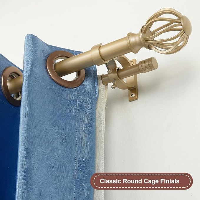 Light Gold Double Curtain Rods, 36-72 Inches, Round Finials, 1-Inch Front, 5/8-Inch Back, Telescoping