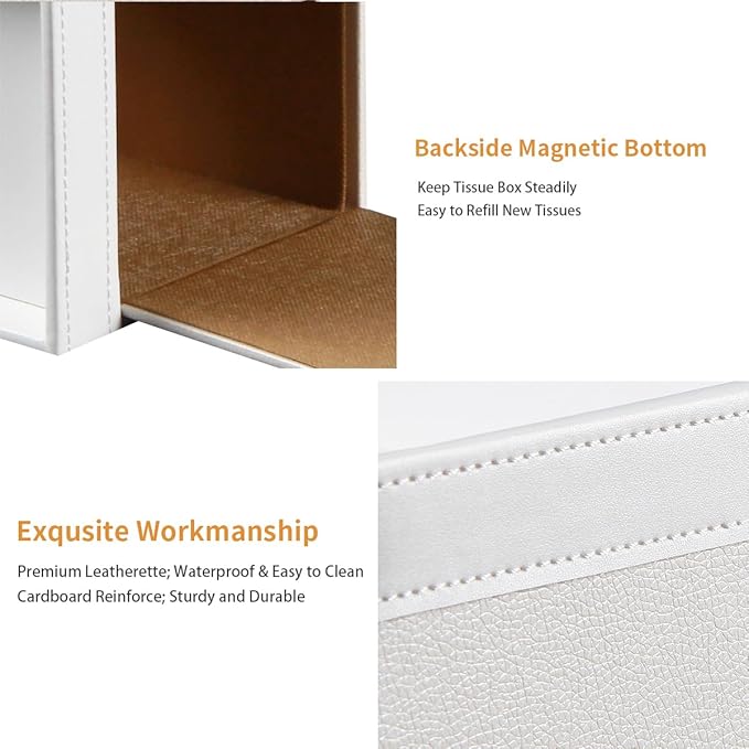 Tissue Box Cover Square, PU Leather Tissue Cube Box Holder with Storage Valet Tray, Decorative Tissue Holders, Modern Tissues Case Napkin Dispenser Facial Paper Organizer for Bathroom Vanity