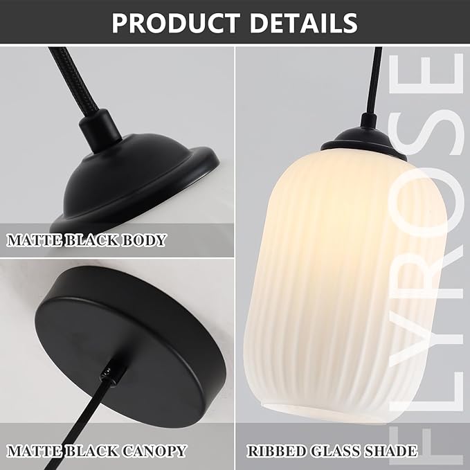 Modern Cylinder Pendant Lighting Mini Black and White Pendant Light Mid Century Ribbed Glass Flush Mount Ceiling Light Farmhouse Hanging Pendant Light Fixture