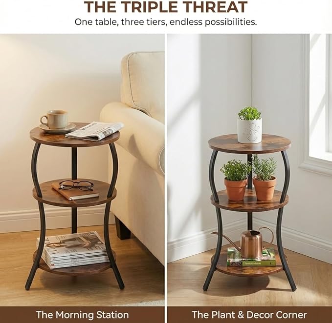 Vintage Small Round Side Table, 3-Tier Slim Waist Circular End Table with Storage Shelf, Compact Tea Sofa Table, Round Corner Coffee Table Nightstand for Living Room Bedroom Small Spaces,Rustic Brown