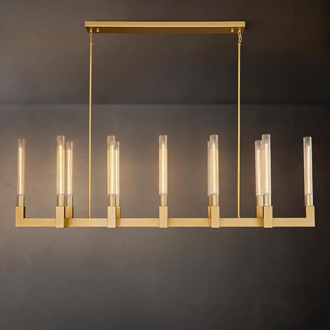 Farmhouse Chandelier with Glass Tube, Gold 12-Lights Modern Chandeliers Over Table 54''Rectangular Luxurious Large Ceiling Pendant Lighting Fixture for Dining Living Room, Foyer