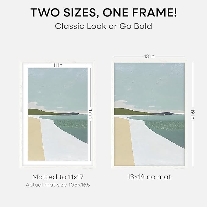 Homeforia 13x19 Picture Frame White, High End Oak 13x19 White Wood Frame with Mat 11x17 Photo, 13 x 19 Wooden Poster Frames Matted to 11 by 17, 19x13 Hanging Frames, Tempered Glass, Wall Kit, Set of 1
