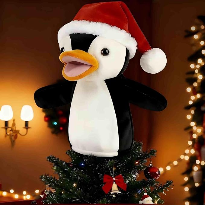 Penguin Christmas Tree Topper with Red Scarf, 10In Velvet Stuffed Animal Tree Topper, Black and White Tree Topper for Home Indoor/Outdoor Winter Holiday Birthday Party Favor Gift Christmas Tree Decor