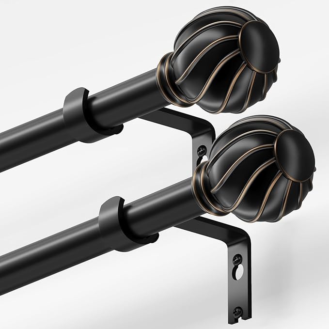 Oneach 2 Pack Black Curtain Rods for Windows 72 to 144 Inch, 7/8" Adjustable Heavy Duty Decorative Drapery Rods with Round Netted Texture Finials (36 to 150 Inch)