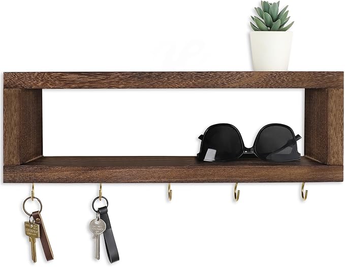 Wall Shelf with Hooks - Decorative Key and Wallet Holder for Wall Holds Sunglasses, Leashes, Scarves and Lanyards - 15.7" x 5.1" x 2.9" Entryway Organizer Made of Paulownia Wood (Brown)