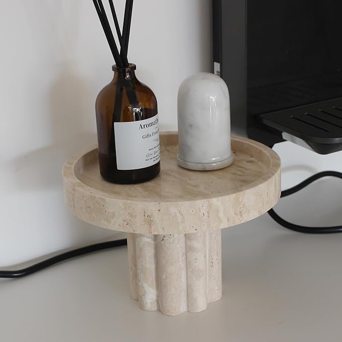 Natural Travertine Tray with Leg, Round 7.1" Vanity Decorative Tray for Countertop Organizer, Catchall Tray for Perfume, Candles, Jewelry Dish
