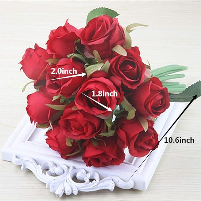 Jasion Artificial Flowers 12pcs Silk Realistic Roses DIY Bouquet for Home Parties Table Centerpieces Bridal Wedding Decoration Without Vase (Spring Red)