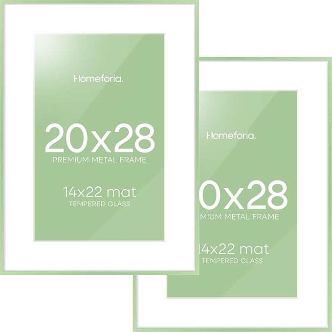 Homeforia 20x28 Frame Sage Green, High End Metal 20x28 Poster Frames with Mat 14x22 inch Photo, 20 x 28 Sage Green Picture Frame Matted to 14 by 22 Art, 28x20 Frame, Tempered Glass, Wall Kit, Set of 2