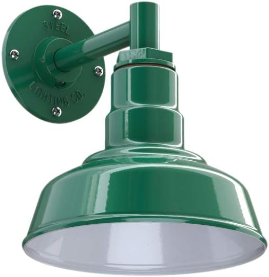 Steel Lighting Co. Hawthorne Barn Light | Outdoor Wall Mounted | 8 inch Dome | 6 inch Straight Arm| Small Farmhouse Light Made in America | Green Exterior/White Interior