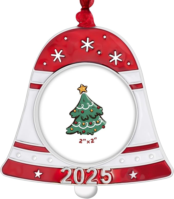 GUOER 2025 Christmas Tree Ornament Picture Frame Holiday Keepsake Gift Home Decor Christmas Decorations Xmas Gifts Pendant with 2” Photo Frame Insert (2025 Bell)