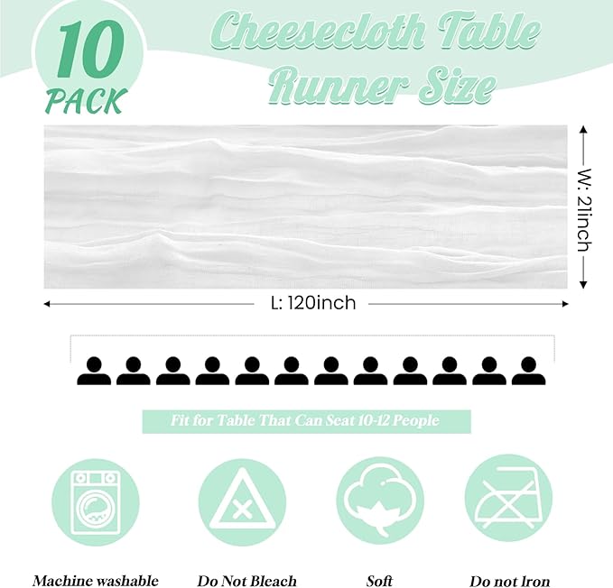 10 Pack White Cheesecloth Table Runner,10FT/120 Inch Boho Gauze Fabric Table Runner,Rustic Sheer White Cheese Cloth Runner Bulk for Wedding,Bridal Baby Shower,Christmas Party,Holiday Home Table Decor