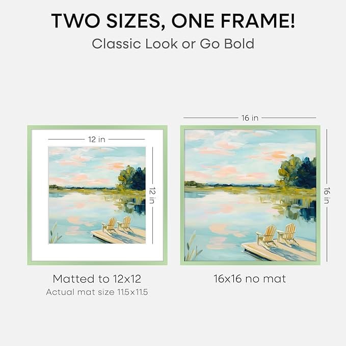 Homeforia 16x16 Picture Frame Sage Green, High End Metal 16 x 16 Square Poster Frames with Mat 12 x 12 Photo, 16x16 Frame Matted to 12x12 Art, 16by16 Hanging Frames, Tempered Glass, Wall Kit, Set of 2