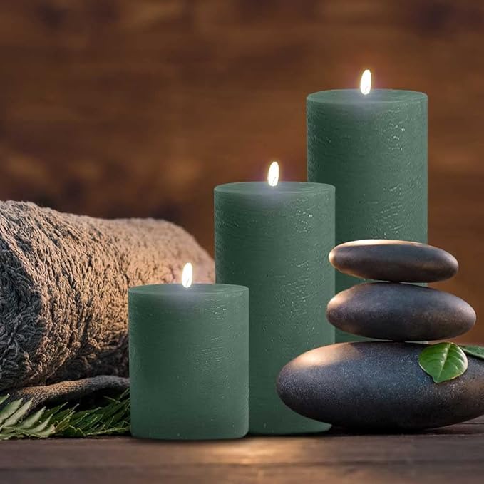BASK Mottled Dark Green Pillar Candles - Unscented, Dripless, Smokeless Set of 3 for All Occasions