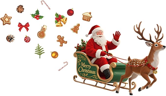 Santa Sleigh Christmas Wall Decals | Peel and Stick Holiday Decorations with Reindeer, Gingerbread & Ornaments – Removable Vinyl Stickers for Winter Wall, Window, Office & Seasonal Displays