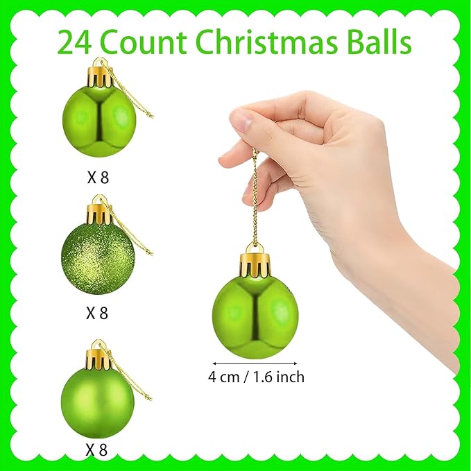 24 Count Mini Green Ornaments for Mini Christmas Tree, Small Lime Green Shatterproof Christmas Tree Ornaments Balls Party Decorations, 1.6 inch