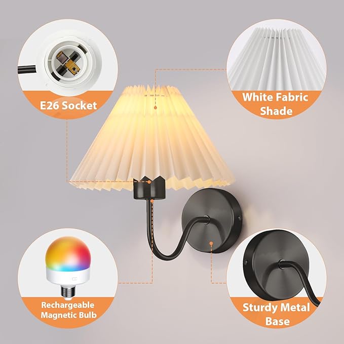Battery Operated Wall Sconce Set of 2, Wireless Wall Sconces, Pleated Shades Rechargeable Wall Lights with Remote Control, Dimmable 15 Colors & Magnetic Bulbs Home Decor for Bedroom Living Room Black