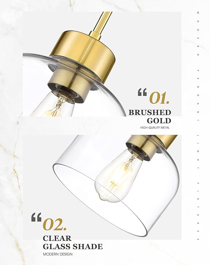 2-Pack Pendant Lights Kitchen Island, 8" Brushed Gold Hanging Light Fixtures with Clear Glass Shade, Modern Brass Kitchen Pendant Lighting Over Island for Dining Room, AD-24024-1P2L-GD