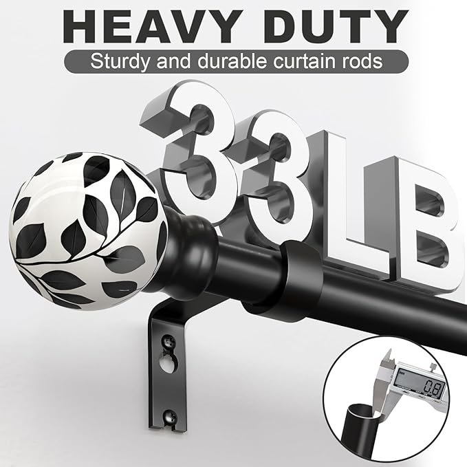 Ceramic Black Curtain Rods Set of 2 for Windows 72 to 144 Inches Adjustable Length Heavy Duty White Window Curtain Rod with Modern Leaf Pattern Decorative Finials for Bedroom Kitchen Living Room