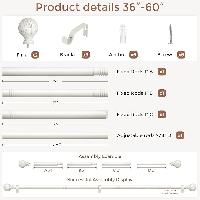 Antique White Curtain Rods for Windows 30 to 56 Inch, 1 Inch Boho Decorative Vintage Drapery Rod with Antique White Finials, Adjustable Heavy Duty Rustic Farmhouse Spliced Metal Curtain Pole