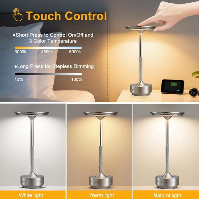 EJQ Cordless Rechargeable Table Lamps, Portable 6000mAh Battery Desk Lamp Waterproof 3 Color Stepless Dimming LED Table Light with Memory Function for Outdoor/Dinning/Patio/Restaurant (Sliver 1Pack)