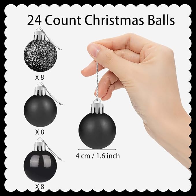 24 Count Small Black Christmas Ornaments Balls, Mini Black Ornaments for Christmas Tree, Plastic Shatterproof Valentine Tree Decorative Hanging Bulbs Ball for Xmas Outdoor Party Decorations, 1.6 inch