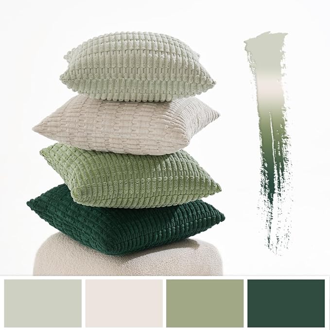 MIULEE Pack of 4 Summer Neutral Corduroy Decorative Throw Pillow Covers 20x20 Inch Farmhouse Boho Rustic Soft Striped Pillow Covers Home Decor for Sofa Living Room Couch Bed Green