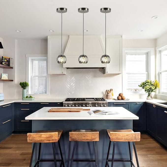 Brushed Nickel Pendant Light, Smoke Crystal Pendant Light Fixture for Kitchen Island, Modern Small Cut Crystal Single Hanging Light for Dining Room Bathroom
