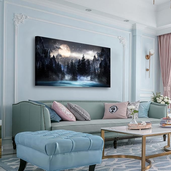 Mountain Moon Pictures Canvas Wall Art for Living room Office Bedroom Wall Decor,Moon Wall Art Print Paintings Modern Forest Nature Blue Lake Artwork Waterproof Ready to Hang-24X48 inch