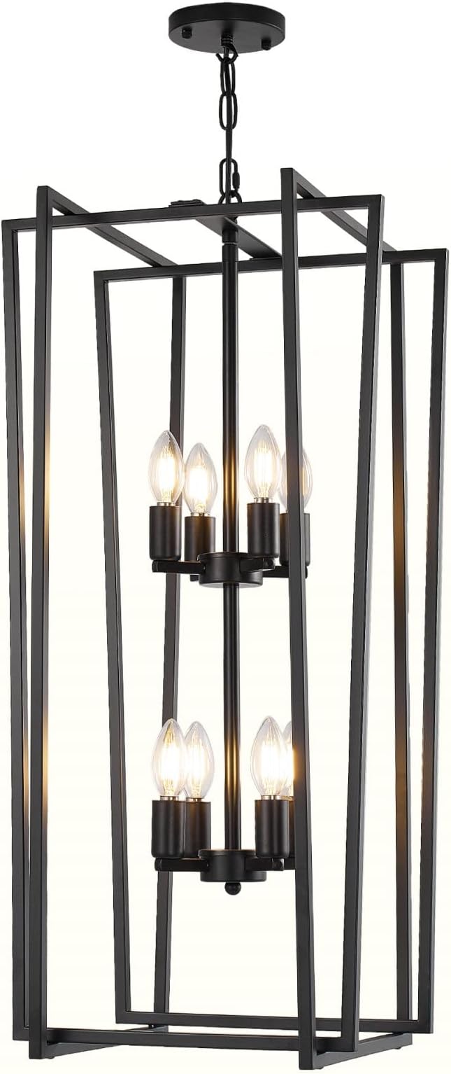 8-Light Tiered Lantern Pendant Light Fixtures,Large Foyer Chandeliers for High Ceilings,Industrial Foyer Lighting Fixtures,Long Chandeliers for High Ceilings,Farmhouse Chandelier for Entryway, Black