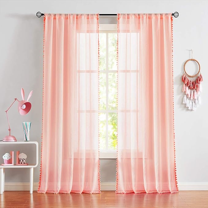 Treatmentex Pompom Sheer Curtains Blush Pink Window Draperies for Bedroom Rod Pocket Curtain Panels for Canopy Nursery Room 52" w x 2pc