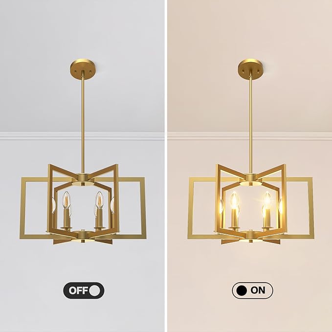 Modern Gold Chandelier, 6-Light Geometric Dining Room Light Fixture, Industrial Pendant Lights Kitchen Island, Hanging Metal Farmhouse Chandelier for Bedroom, Entryway, Foyer, Kitchen, Living Room