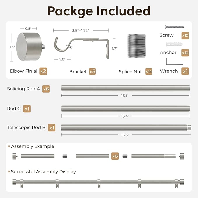 Zeerobee Curtain Rods for Windows 32 to 240, Brushed Nickel Curtain Rod, Adjustable 1 Inch Heavy Duty Outdoor/Indoor Modern Drapery Pole, 32"-240"