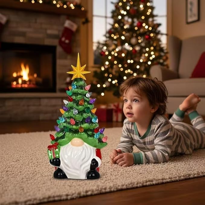 Glowing Gnome Christmas Decorations - Mini Ceramic Christmas Tree 31 Multicolored Lighted - Small Pre-Assembled Lights Perfect for Table, Windowsill Living Room Fireplace Office Holiday Decor