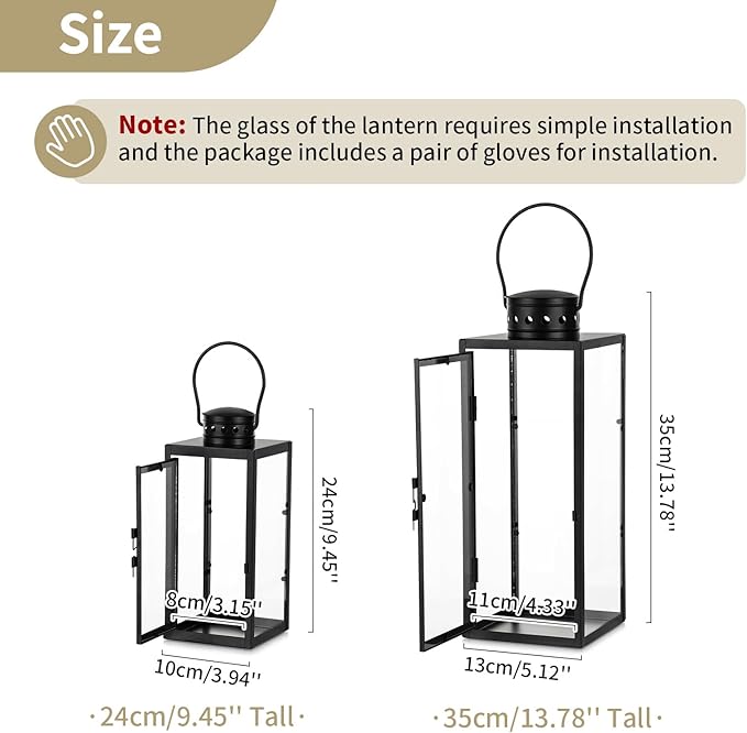 NUPTIO Lanterns Decorative Indoor Black: 9.5 & 13.8 inch Tall Wedding Hurricane Lantern with Glass Panel Set of 2 Modern Iron Candle Holders for Christmas Thanksgiving Front Porch Fireplace Decor