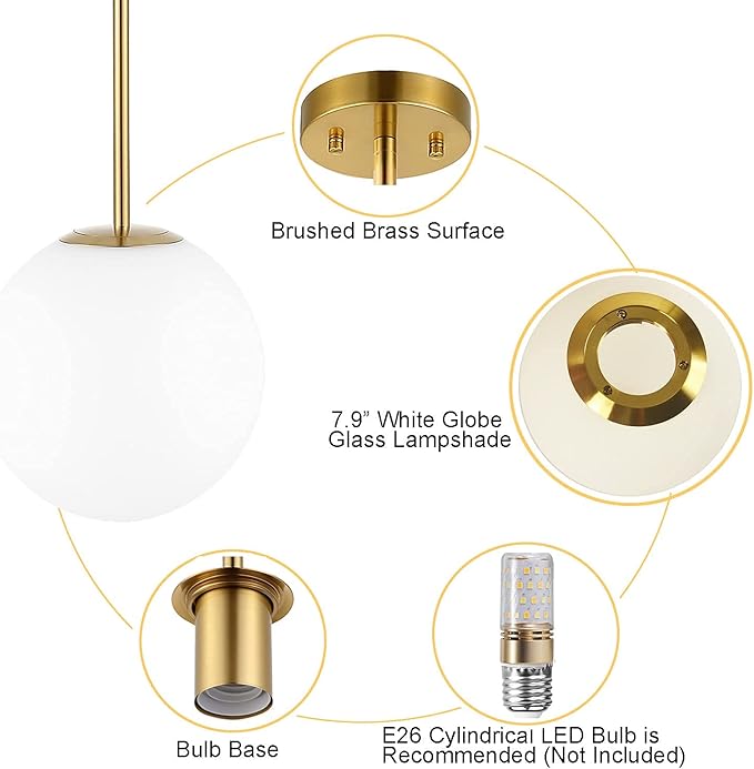 Modern Globe Pendant Light 1-Light Mid Century Chandelier Large 7.87” White Globe Glass Shade Brushed Brass Finished Hanging Light Fixture for Kitchen Island (Gold)