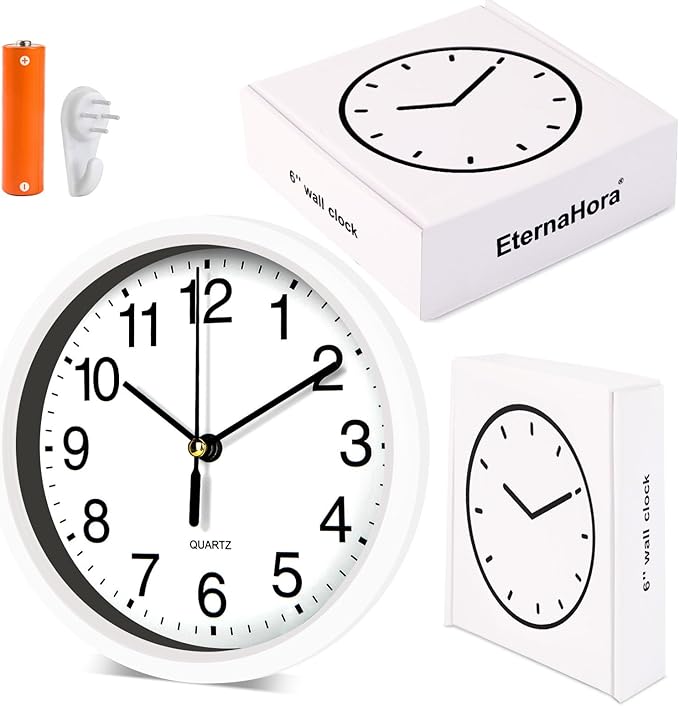 Silent Wall Clock Non Ticking, 6 Inch Wall Clocks Battery Operated, Small Analog Clock for Bedroom Home Office Kitchen Bathroom School, Easy to Read(White)
