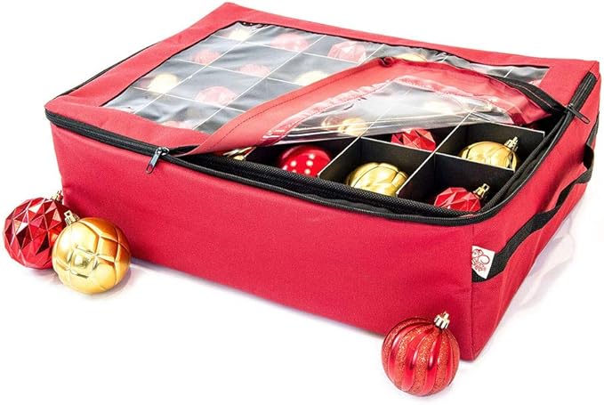 [Red Christmas Ornament Storage Box with Dividers] - (Holds 48 Ornaments up to 3 Inches in Diameter) | Acid-Free Removable Trays with Separators | Clear Window to Easily See Storage Bags Contents