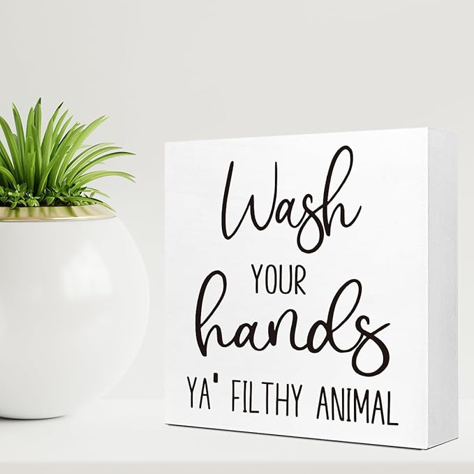 LVQHI Wash Your Hands Ya Filthy Animal Sign Bathroom Decor, Funny Small Bathroom Decor For Shelves, Rustic Sign Decoration For Toilet Restroom Tabletop Desk